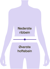 Mål midjen rett over navlen, mellom nederste ribbein og øvre hoftebein, 